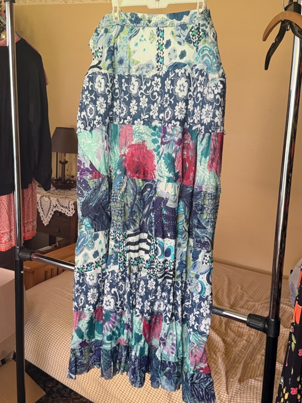 Derek Heart Patchwork Floral Maxi Skirt - Blue, Teal & Pink Accents